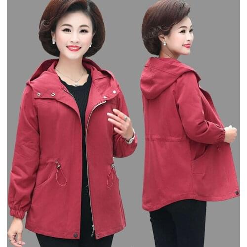 Middle-aged Women Trench Coat New Spring Autumn Solid Hooded Outerwear Loose Long-sleeved Windbreakers Female Tops Plus Size 5XL