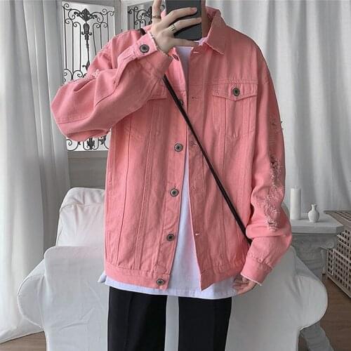 Spring Autumn 2021 Pink White Red Black Hole Denim Jacket Oversized Loose Korean Jeans Jacket Casual Plus Size Women Clothes 5XL