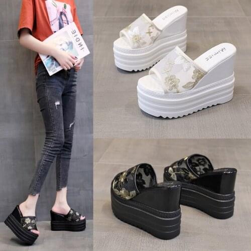 12CM Slope with Ultra-high Heel Waterproof Table Thick Bottom Hollow Net Yarn Fish Mouth Womens Shoes Increase Height Sandals
