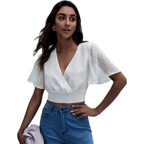 2021 European Girls Summer New Deep V Open Navel Short Women 's Fashion Solid Color Sexy Lotus Sleeve Chiffon Top Slim Hot
