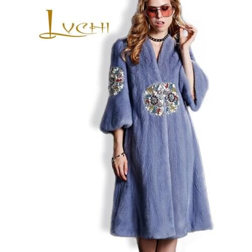 LVCHI Imported Platinum Velvet Mink Fur tunic Coats Round Print Diamond Fashion Fur Topcoat Winter Womens Clothing Real Fur