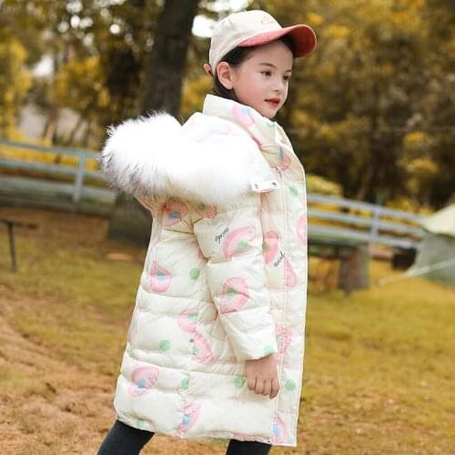 Girls winter long down jacket Girls thickened cold-resistant down jacket Girl fashion embroidery white duck down jacket