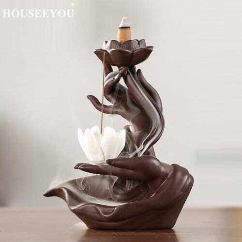 2In1 Gently Ceramic Handcraft White Lotus in Buddha Hand Backflow Incense Burne + Incense Stick Holder Home office Decorate