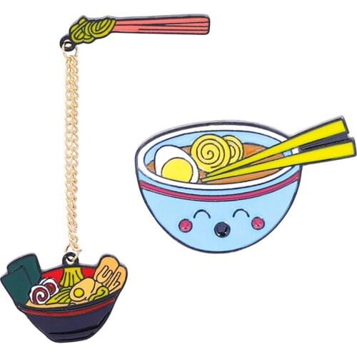 2020 Fashion Jewelry 2pcs Creative Cute Enamel Pin Metal Gold Chain Chopsticks Tomatoes Egg Smile Bowl Brooch Pin For Women