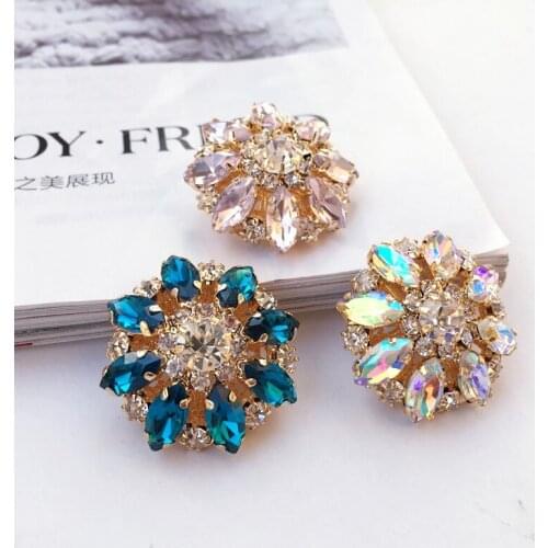 5pcs 30mm pink blue crystal rhinestone gold metal button Craft Decorative Buttons For Overcoat Clothing sewing-on garments acces