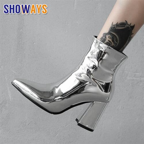 Silver Winter Women Ankle Boots 8cm High Chunky Heel Pointed Toe Gold Mirror Metalic Party Office Ladies Sexy Zipper Short Boots