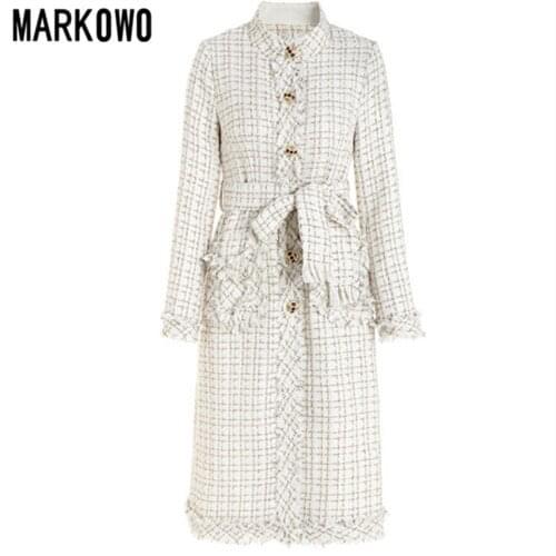 MARKOWO Desinger Brand 2020 Autumn and winter new small fragrance wind tweed Hepburn style belt waist dress coat