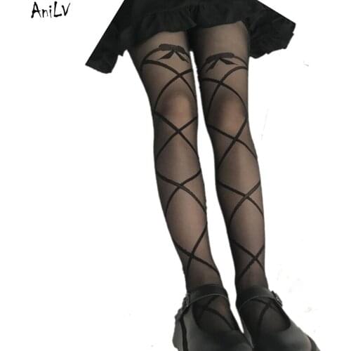 AniLV Japanese Anime Lolita Girl Cross Pattern Bow Stockings Women Student Sexy Black Pantyhose Stocking Cosplay Costume