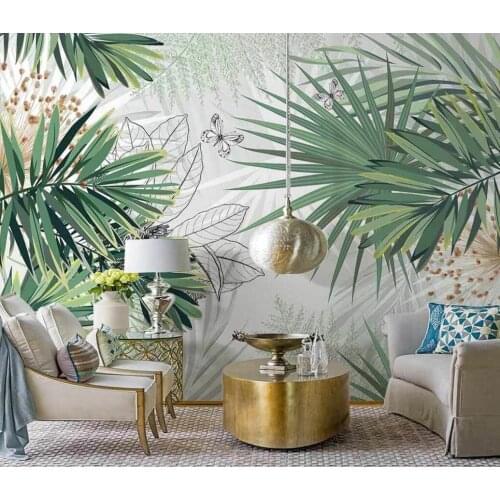 House decoration kitchen cabinet storage hand-painted tropical plants fresh rainforest palm leaf indoor living room wallpaper