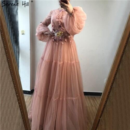 Dubai Design Long Sleeves Sexy Prom Dresses 2019 Diamond Flowers Blush Pink Prom Gowns Serene Hill DLA60763