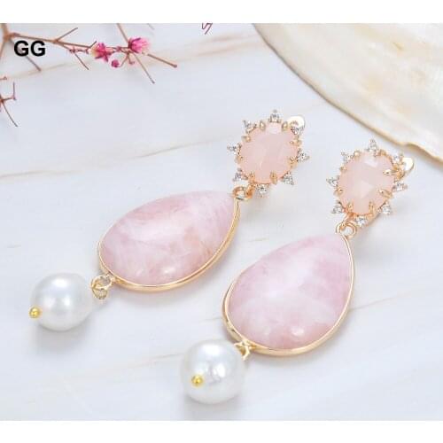 GuaiGuai Jewelry Natural Pearl Cultured White Keshi Pearl Teardrop Rose Quartz CZ Paved Hook Dangle Earrings For Women