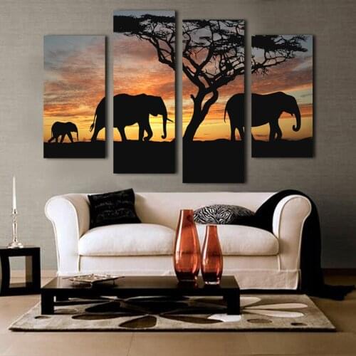 JIE DO ART 5 Ppcs Sunset Elephant Painting Canvas Wall Art Picture Home Decoration Living Room Print Modern Large
