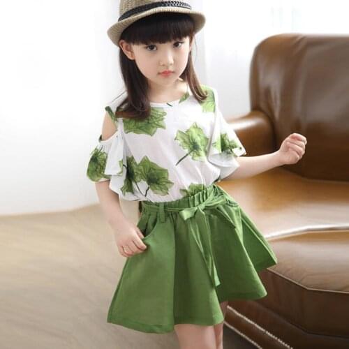 3-12 Y 2018 Summer Holiday Girls Clothing Sets Children Clothes Set Kids Floral Print Short Sleeve Shirt+Skirt 2 Pcs Suit JW3309
