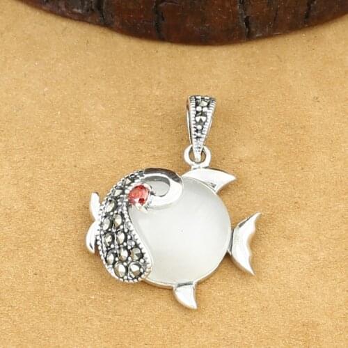 925 Sterling Silver Jewelry Retro Thai Silver Men And Women Marcasite Inlaid White Opal Small Fish Pendant Chain Pendant