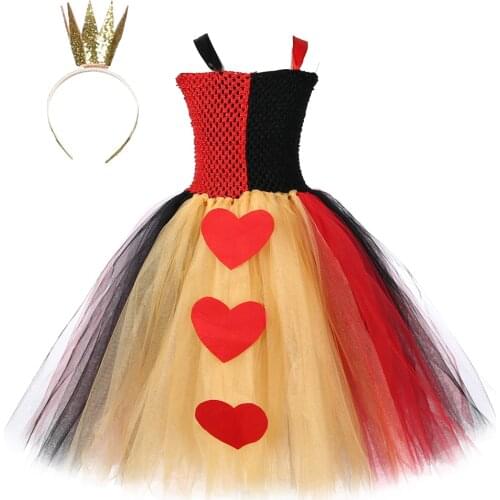 Red Queen of Hearts Fancy Dress for Girls Kids Halloween Cosplay Costumes Girl Birthday Party Long Dresses Children Tulle Outift