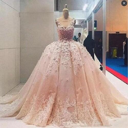 Soft Pink Ball Gown Prom Dresses Sheer Neck Sleeveless Flora Appliques Evening Gowns Saudi Arabic Formal Party Dress