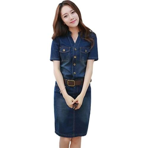 New Fashion Women Summer Bag Hip Denim Dress V-neck Short-sleeved Pocket Waist Belt Split Sexy Casual Womens Dresses OK753