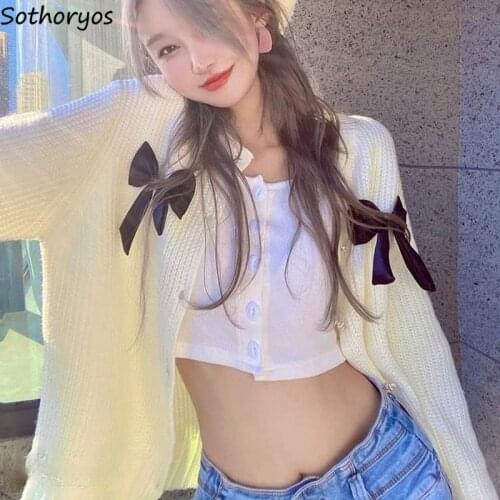 Solid Cardigan Women Bow Temperament Loose Trendy Gentle Sweet Girls Knitwear Soft Female Sweaters Teenagers Ulzzang 2021 Newest