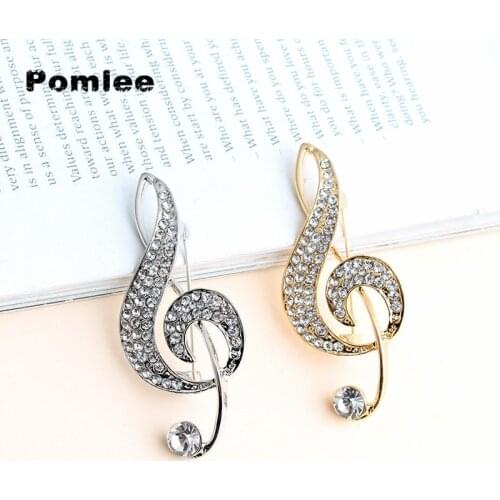 Pomlee Clear Rhinestone Musical Note Brooches For Women Large Pin Gold Color Alloy Pin Good Gift Christmas Gift