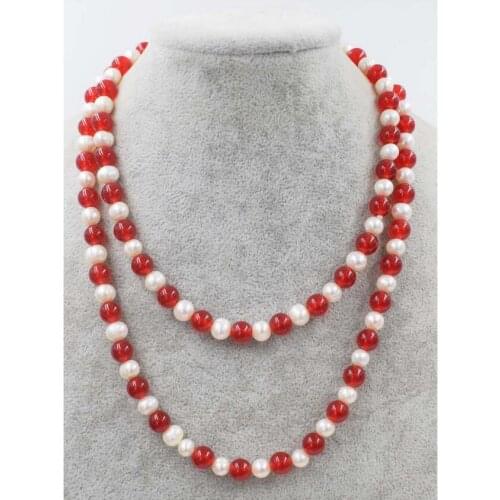 Freshwater pearl near round 7-8mm and red jade round 8mm long necklace 35" nature FPPJ wholesale beads