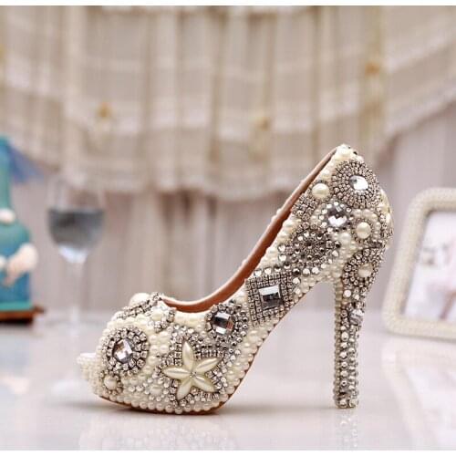 Handmade Ivory Glitter Diamond Wedding Party Prom Heels Rhinestone Peep Toe Pumps Women Pearl Crystal Bridal Shoes