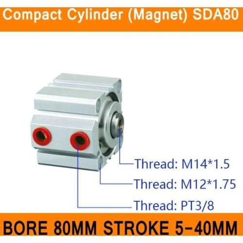 SDA80S Cylinder Magnet Compact SDA Series Bore 80mm Stroke 5-40mm Compact Air Cylinders Dual Action Air Pneumatic Cylinder ISO