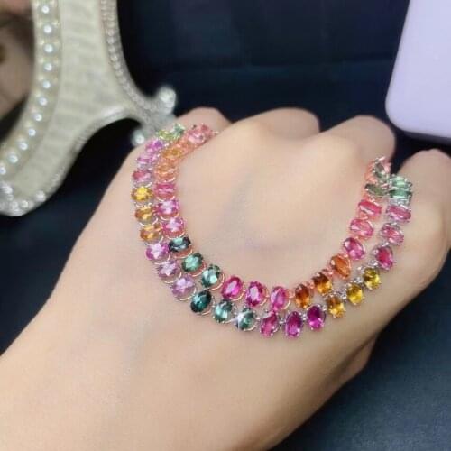 100% Natural Multicolor Tourmaline Bracelet for Party 3mm*5mm Tourmaline Silver Bracelet 925 Silver Bracelet Jewelry