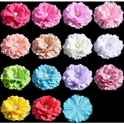 120pcs/lot 11CM 20colors Hair Clips Peony Flower With Pearl Button For Hair Accessories Artificial Fabric Flowers For Headband