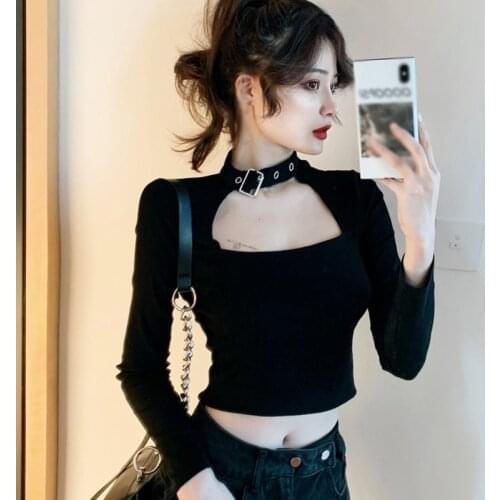 Womens t-Shirts Square Neck Halter Neck Sexy Tight-Fitting Short Cropped Tshirt Top