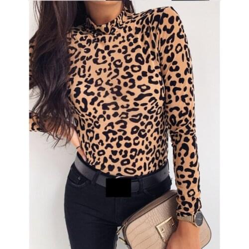 Women Leopard Print Turtleneck Tops Long Sleeve T Shirt Slim Leopard Print Bottoming Shirt Ladies Party Korean Tops