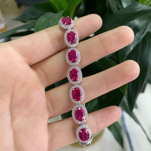 Vecalon 100% Sterling Sterling Silver 6*8MM Full Red Corundum Diamonds Bracelets For Women Girls Wedding Party Fine Jewelry