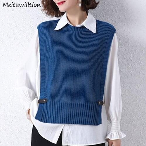 2021 Spring Autumn Korean Women Pullover Ladies Long Sleeve White Shirt +Casual Loose Knitted Sweater Vest