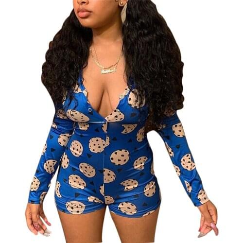 Women Bodysuit Sexy Deep V Printed Bodysuit Bodycon Jumpsuit Romper Party Long Sleeve Short Romper Leotard Tops Ladies Jumpsuit