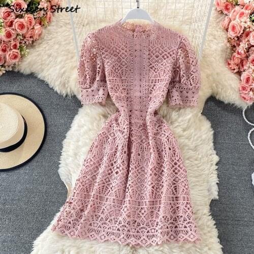 Pink Lace Womans Dress Sweet O-neck Knee-length Mid Dress Bodycon Woman Short-sleeve Party Dress for Woman New Summer