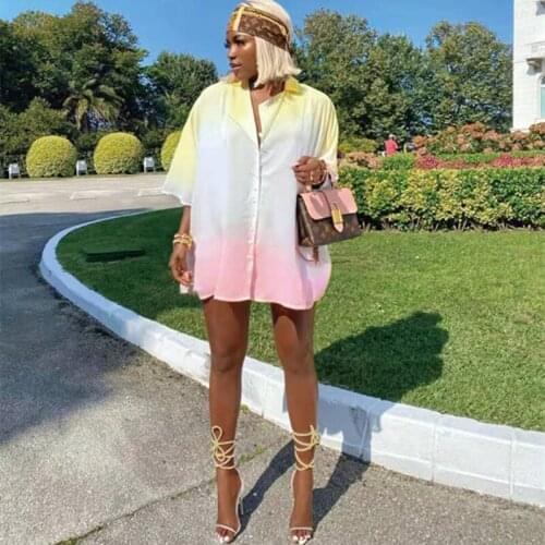SKMY Summer Outfits For Women Short Sleeve Gradient Color Printing Vintage Dress Harajuku Streetwear Loose Shirt Dress
