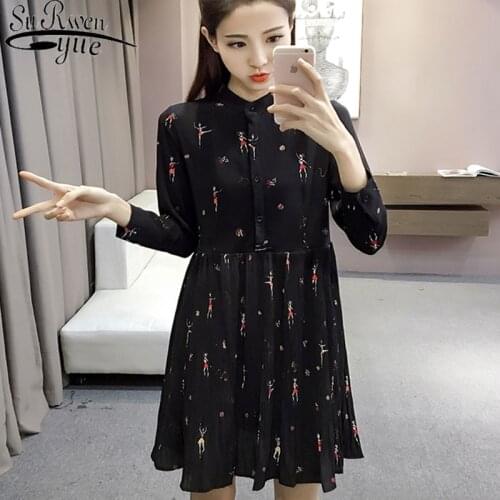 Vestidos Woman Dresses 2021 Autumn Plus Size Long Sleeve Chiffon Dress Fashion Print Button Pleated Women Dress Hot Sale 2186