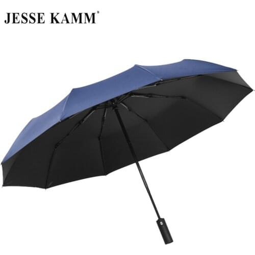 JESSE KAMM Fully Automatic Umbrella Three Folding Black Coating 10 Spokes Strong Windproof Umbrella For Business Men Women