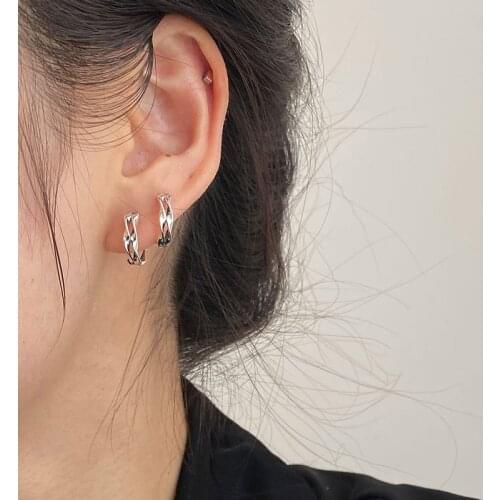 925 Sterling Silver Earring Geometric Hollow Chain Ear Ring Double Twisted Ear Buckle Hip Hop Trendy Design Boy Girl Ear Jewelry