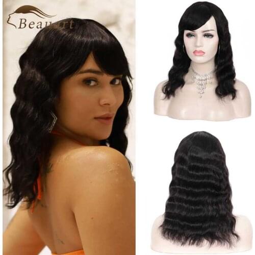 Beauart 100% Human Hair Body Wave Full Wigs For Women 16" Black Straight Into Wave Wigs With Bangs None Lace Front Machine Wig
