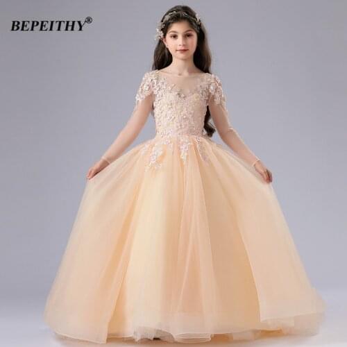 BEPEITHY Long Sleeves Champange Flower Girl Dress For Wedding Party Little Kids Ball Gown Birthday Christmas Party Dreses Gown