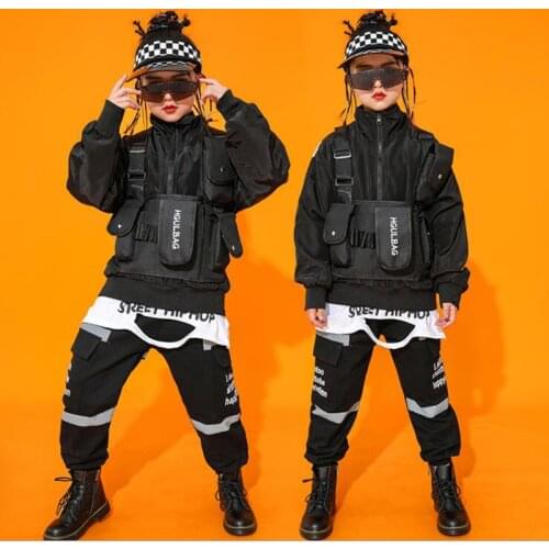 Girls Black Cool Hip Hop Carnival Costumes Dance Clothing Kids Jacket Tops Cargo Pants Jazz Dancing Outfits Street wear Clothes