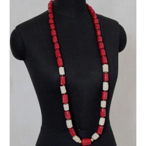 Dudo Store 13mm Nature Coral Beads Jewelry Set For Men Long Design Red and White Mix Color Nigerian Groom Necklace Set