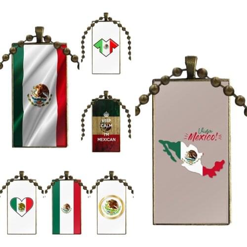Mexico Flag For Women Fashion Jewelry Jewelry With Bronze Plated Glass Cabochon Choker Long Pendant Rectangle Necklace