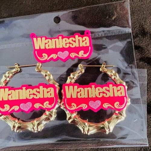 Customized Name Earring Heart Letter Bamboo Acrylic Earrings Color Name Necklace Laser Custom Name Hoop Earrings Piercing Gift