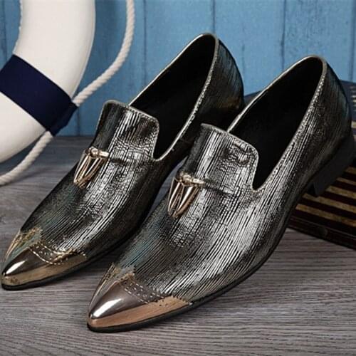 Italian shoes man loafers metal pointed toe slip-on sliver gold dress shoes moccasin slippers size 12