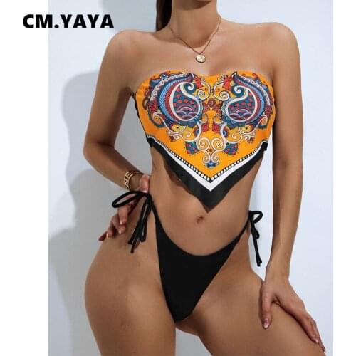 CM.YAYA Women Bikinis Set Print Strapless Tops Drawtring Low Waist Bottoms Two Piece Set Female Summer Beachwear Sexy Swimsuits