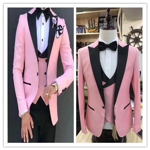 Pink men suits Male business dress host stage costume homme mariage groom groomsmen tuxedo masculino 3piece jacket pants vest