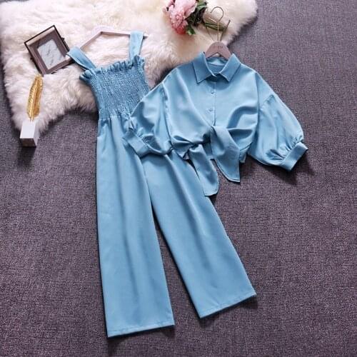 Womens Leisure Wear Suit bishop sleeve Summer Sunscreen Shirt +Wide leg pants suspender Jumpsuit Casual Wear Two Pieces Sets