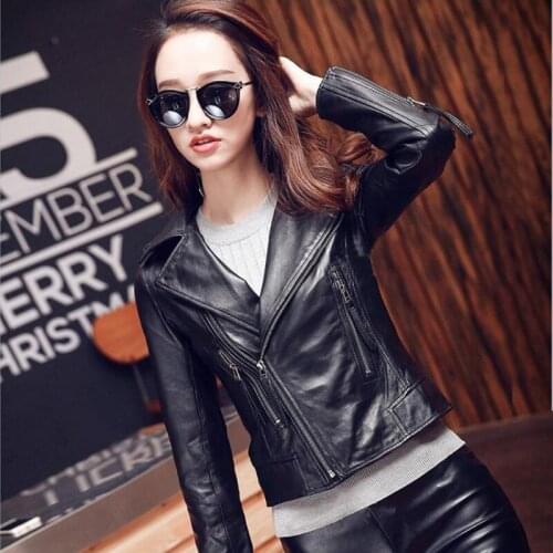 New Black Motorcycle Women Fashion Slim Short 100% Real Sheepskin Coat Female Genuine Leather Jacket Plus Size