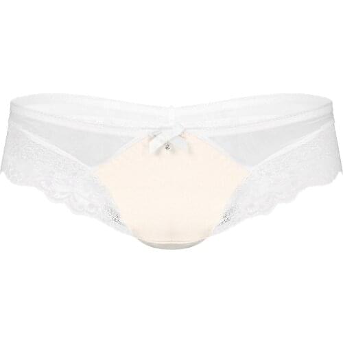 Mens Elastic Waistband Panties Diamond Bowknot Adorned Underpants Gay Lingerie Sissy Underwear See-through Lace Patchwork Briefs